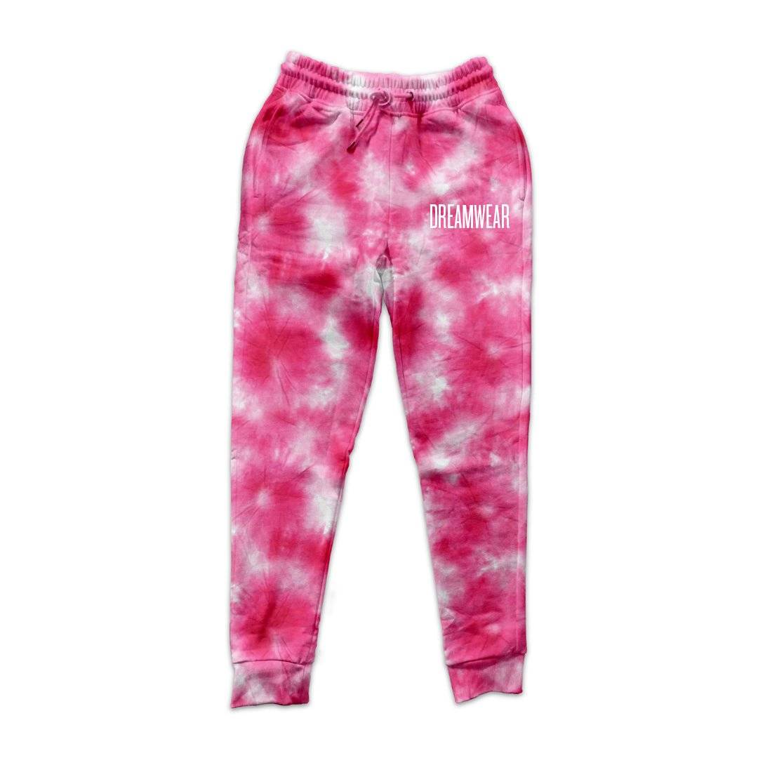 DREAMWEAR Pink Tie-Dye Joggers with laced drawcord, ribbed ankle cuffs, functional pockets, and bold 3D logo print