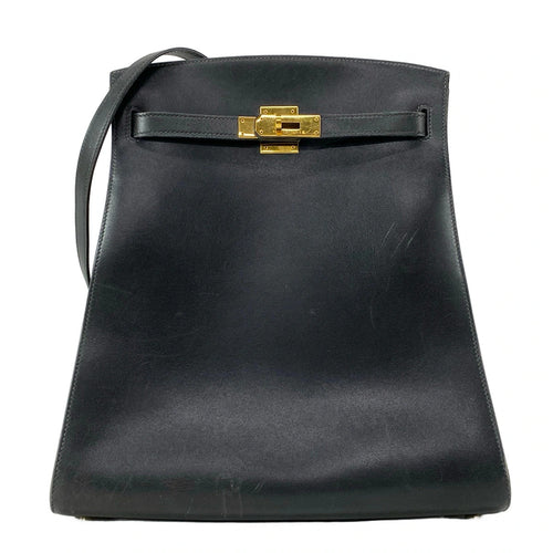 HERMES Kelly Sport GM Black Box Calf Circle X Shoulder Bag Pre-Loved